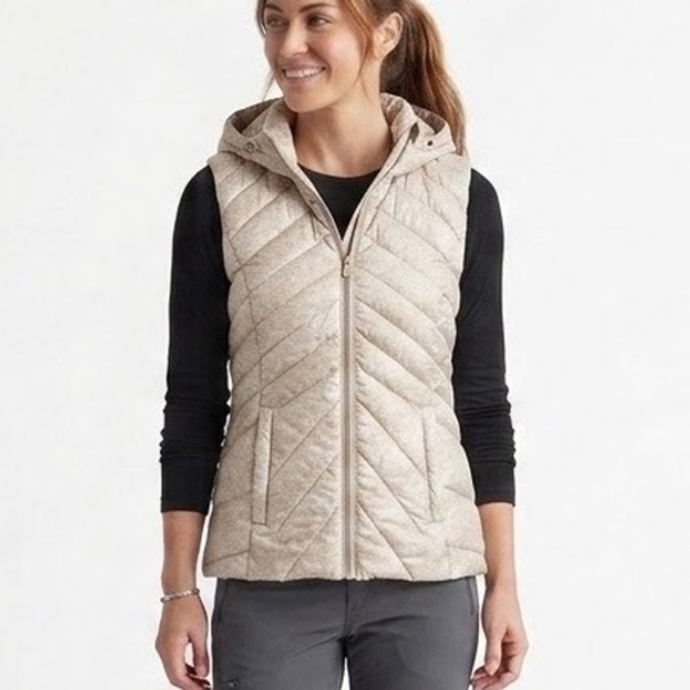 New York & Company Womens Tan Puffer Vest Hooded Chevron Quilted XS